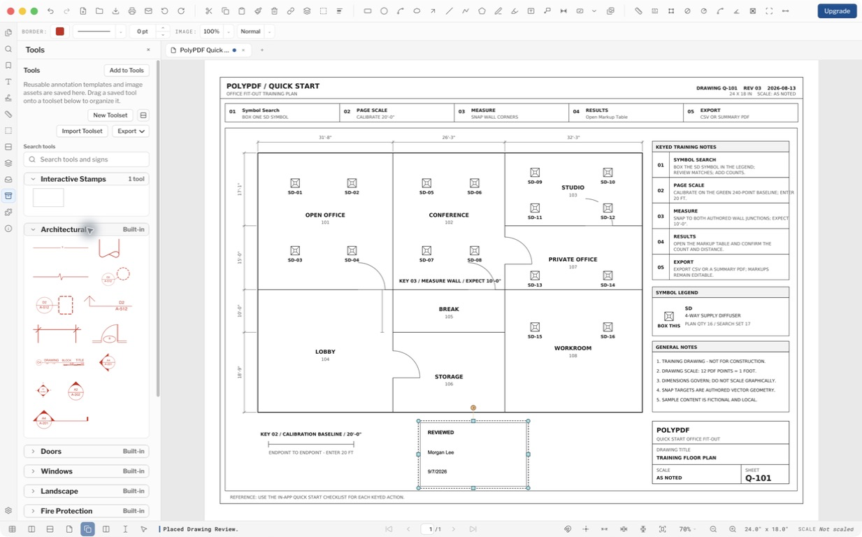 PolyPDF 1.5.1 Tools sidebar with Architectural symbols and Doors, Windows, Landscape, and Fire Protection libraries