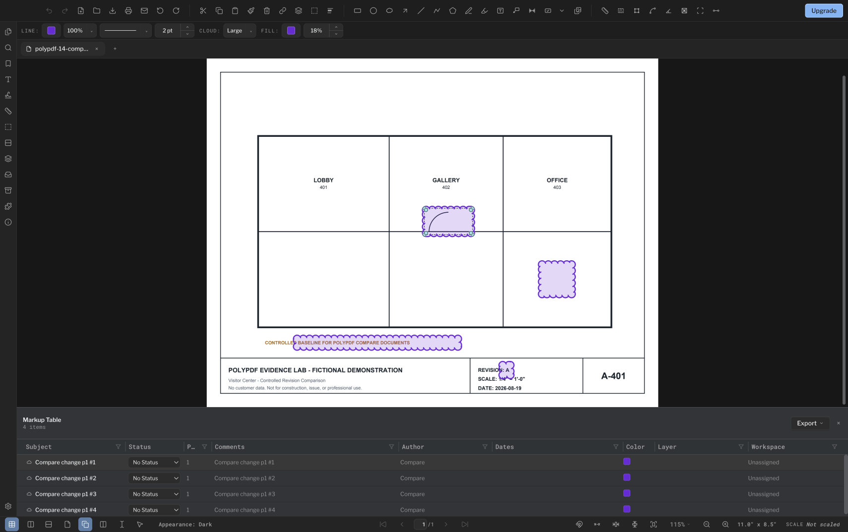 Résultat de comparaison PolyPDF en mode sombre avec quatre nuages de révision violets, un nuage sélectionné, des contrôles de style de nuage complets et quatre lignes de tableau d'annotation visibles