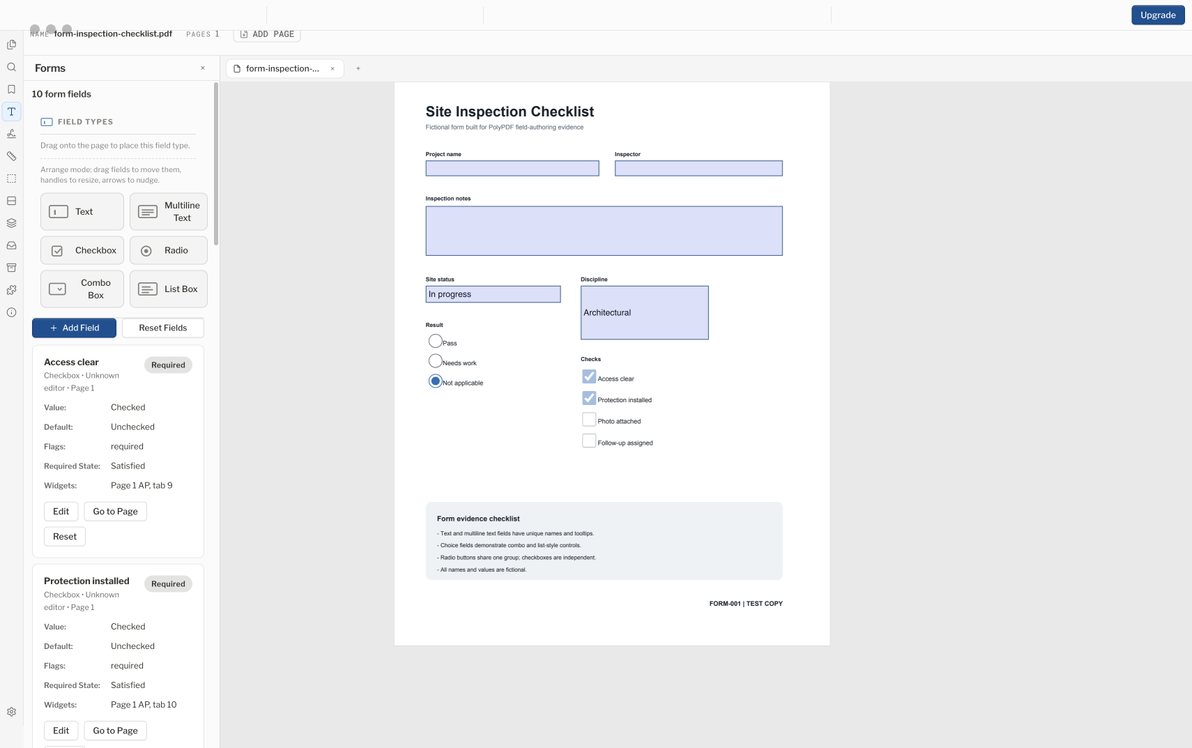 Le panneau des formulaires PolyPDF affichant six types de champs à côté d'une liste de contrôle d'inspection de site de dix champs