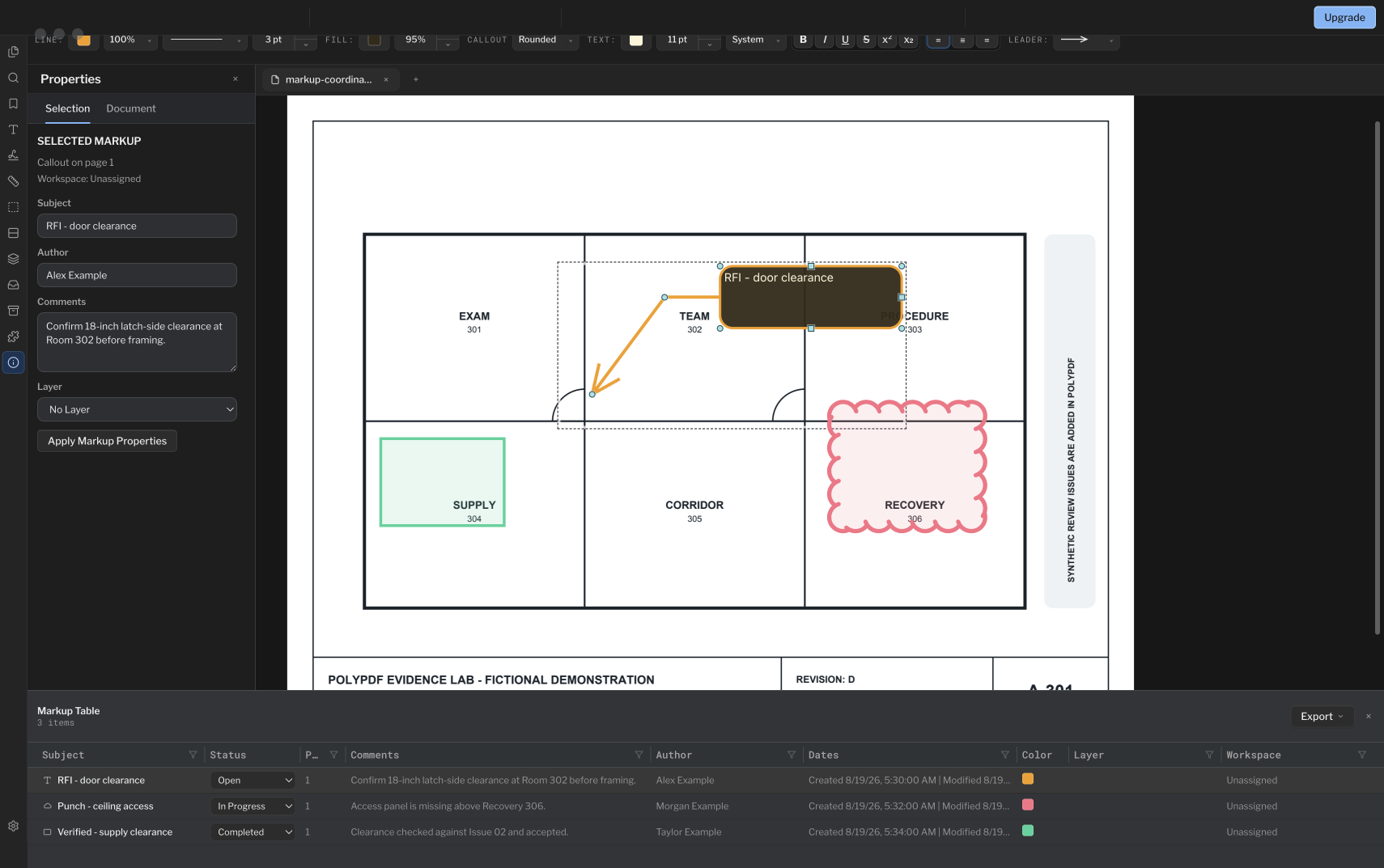 Une révision de dessin PolyPDF avec une légende RFI, un nuage de révision, un rectangle de travail terminé et trois lignes de tableau d'annotation correspondantes