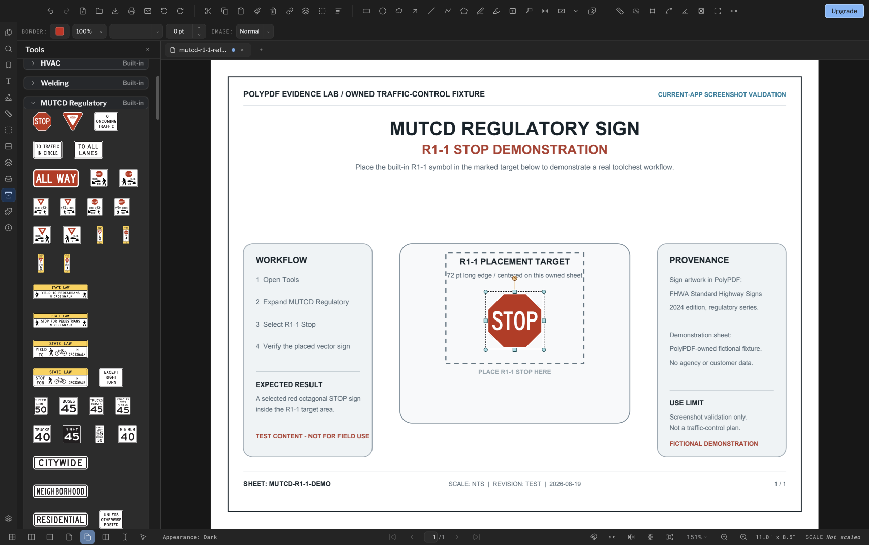 Die PolyPDF MUTCD Regulatory-Truhe öffnet sich neben einem ausgewählten R1-1-Stoppschild, das auf einem Musterblatt für die Verkehrskontrolle platziert ist