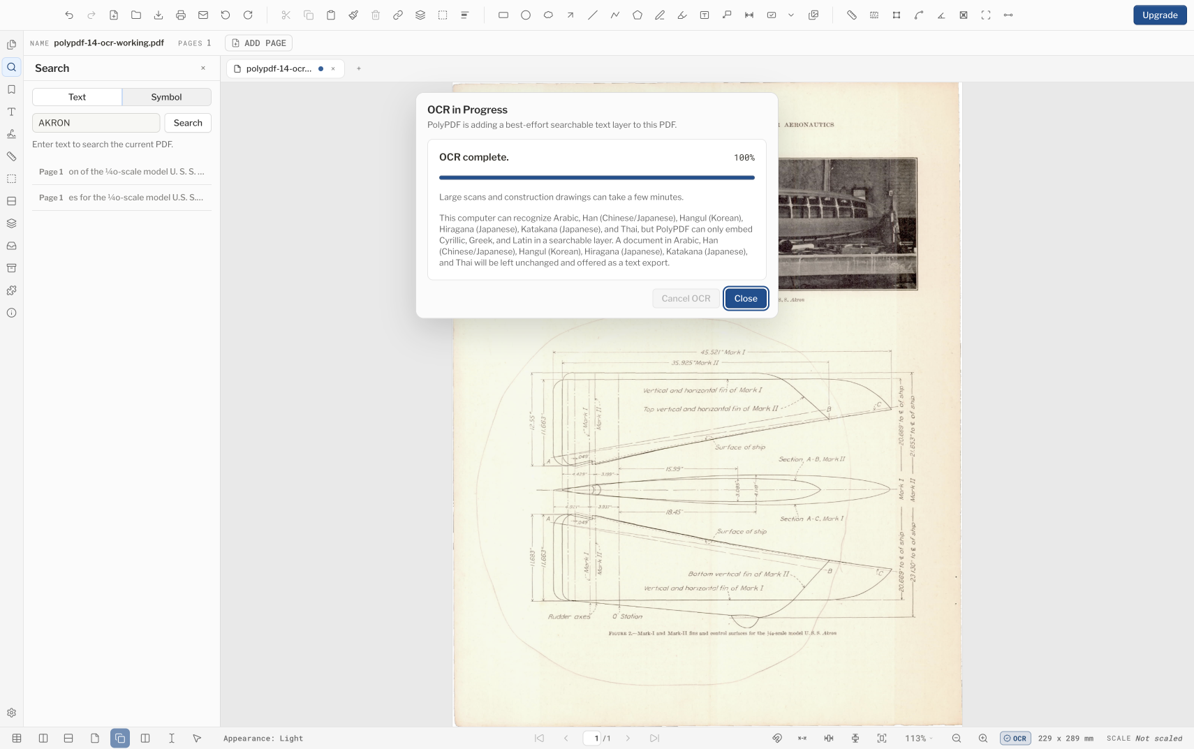 يعرض مربع حوار PolyPDF OCR اكتمال التعرف الضوئي على الحروف بنسبة 100 بالمائة عبر الولايات المتحدة. المسح الهندسي أكرون