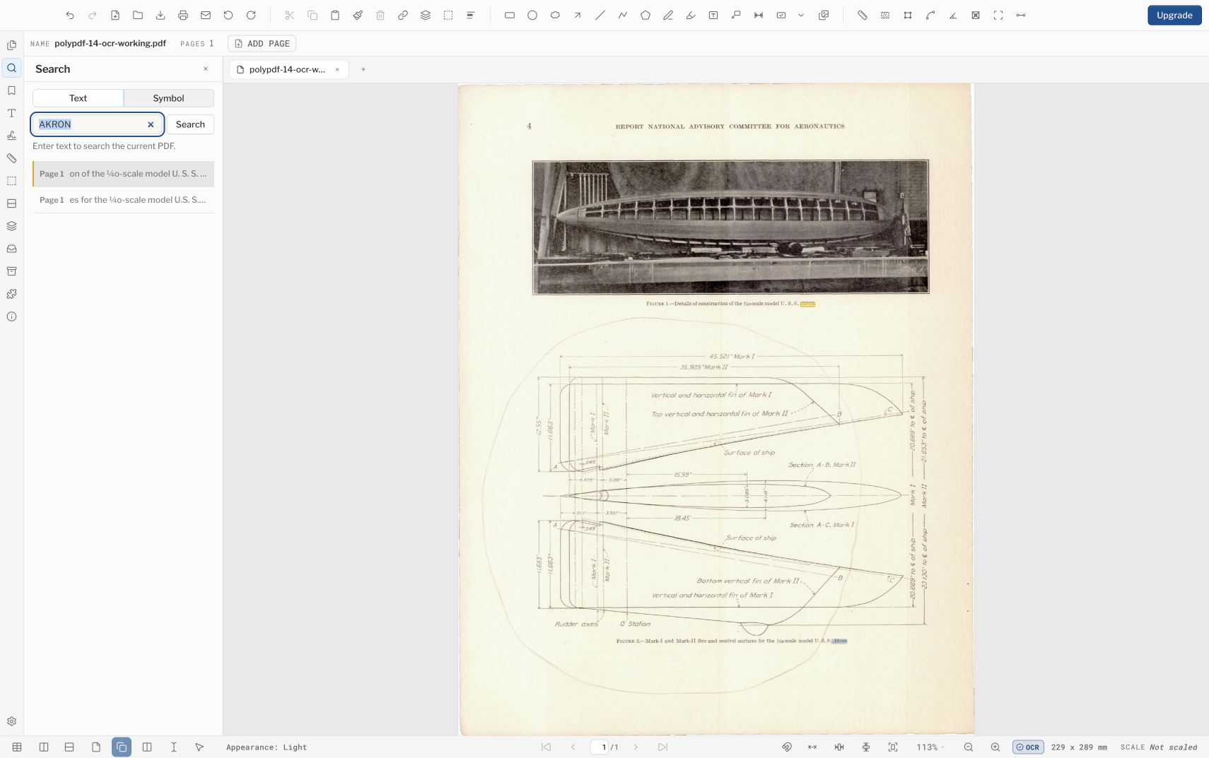 Panneau de recherche PolyPDF affichant trois résultats SURFACE et un point culminant sélectionné sur l'U.S.S. Scan technique d'Akron après OCR