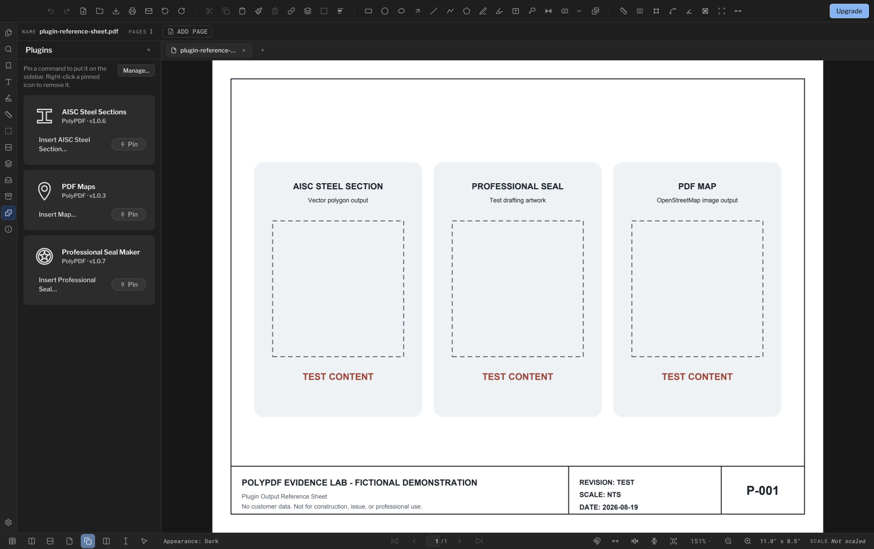 La barre latérale des plugins PolyPDF répertoriant les sections en acier AISC, les cartes PDF et Professional Seal Maker à côté d'une feuille d'échantillon vierge.