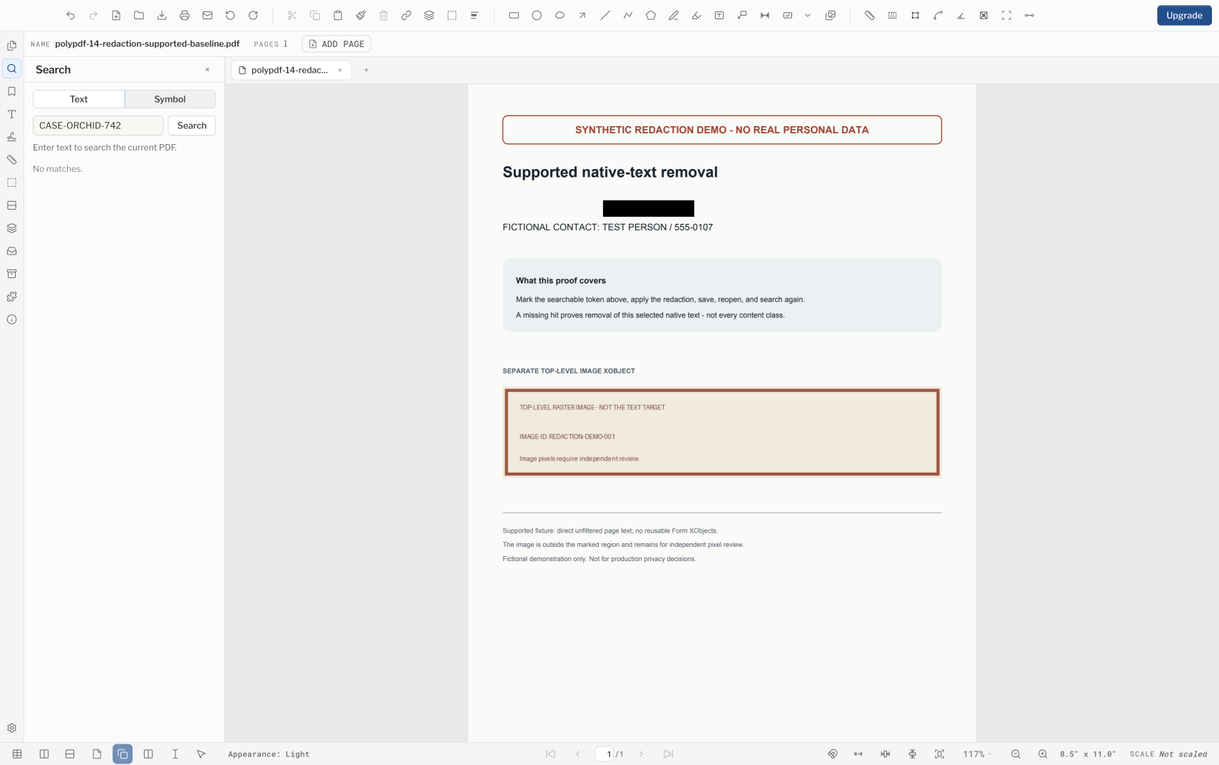 PolyPDF affichant un résultat de suppression de contenu PDF sensible rouvert avec une région noire et la recherche ne signalant aucune correspondance pour CASE-ORCHID-742