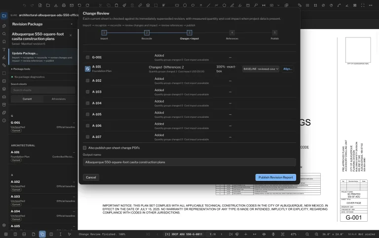 PolyPDF 1.5 showing a Revision Package sidebar and Change Review dialog with a changed A-101 sheet, two differences, one changed quantity group, and a 150 dollar cost impact