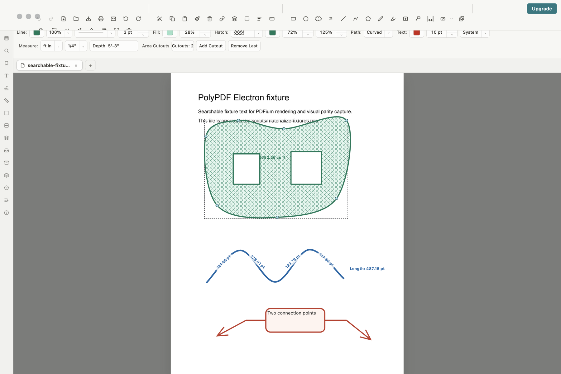 PolyPDF 1.3.4 with a selected curved area, two rectangular cutouts, crosshatch, and a 5 foot 3 inch depth
