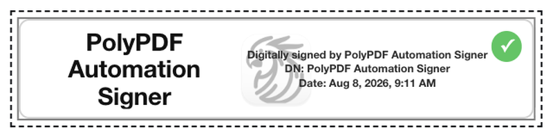 Certificate-backed PolyPDF test signature appearance with signer, date, and green check mark