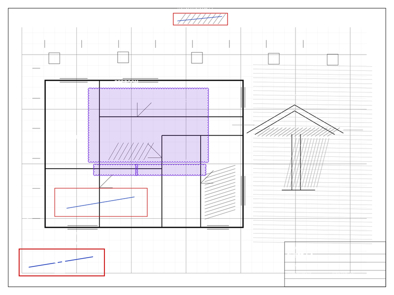 PolyPDF comparison output with violet revision clouds around changed regions of a drawing
