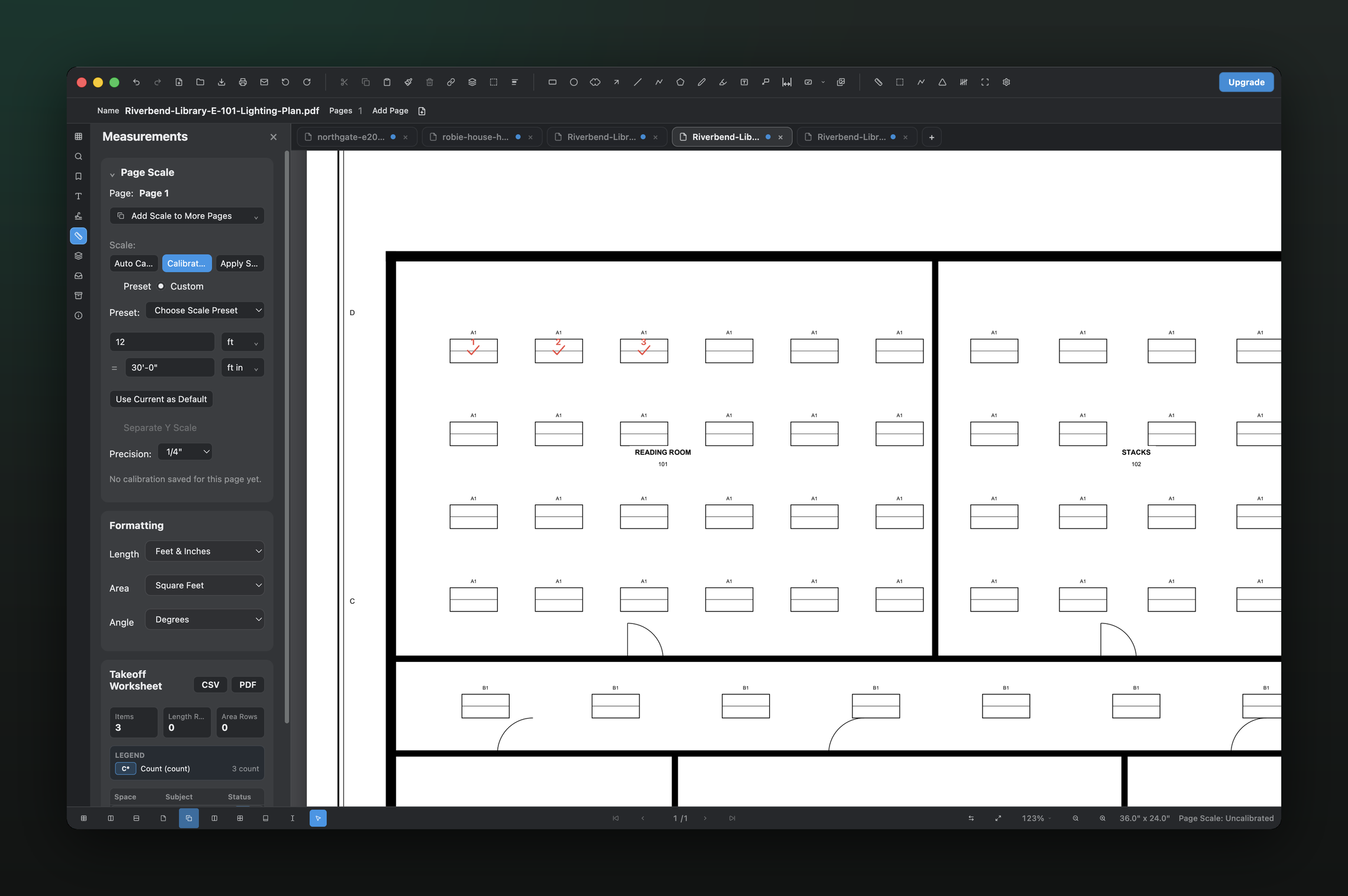 PolyPDF counting symbols on a construction drawing: numbered count markers on the sheet with a running per-subject tally in the takeoff worksheet