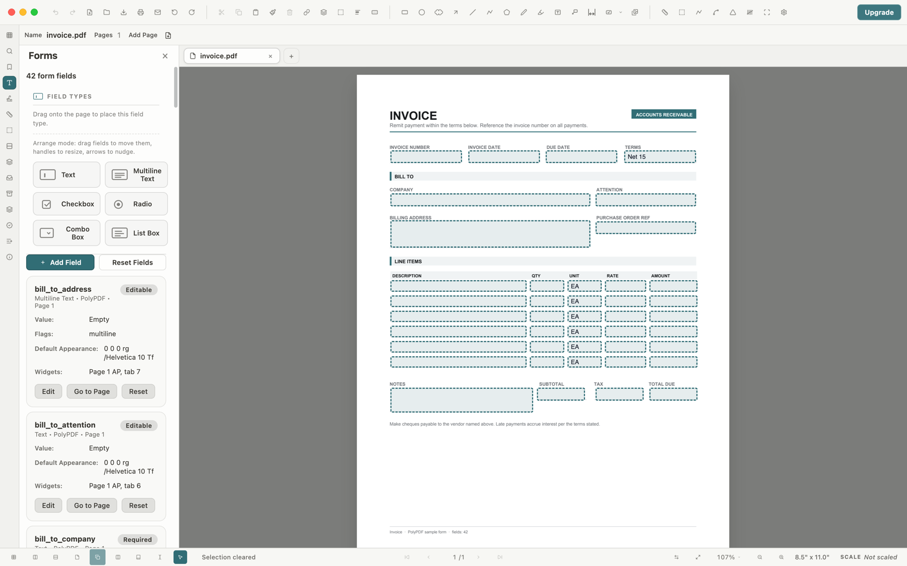 PolyPDF Forms panel with six field types beside a fillable invoice containing 42 fields