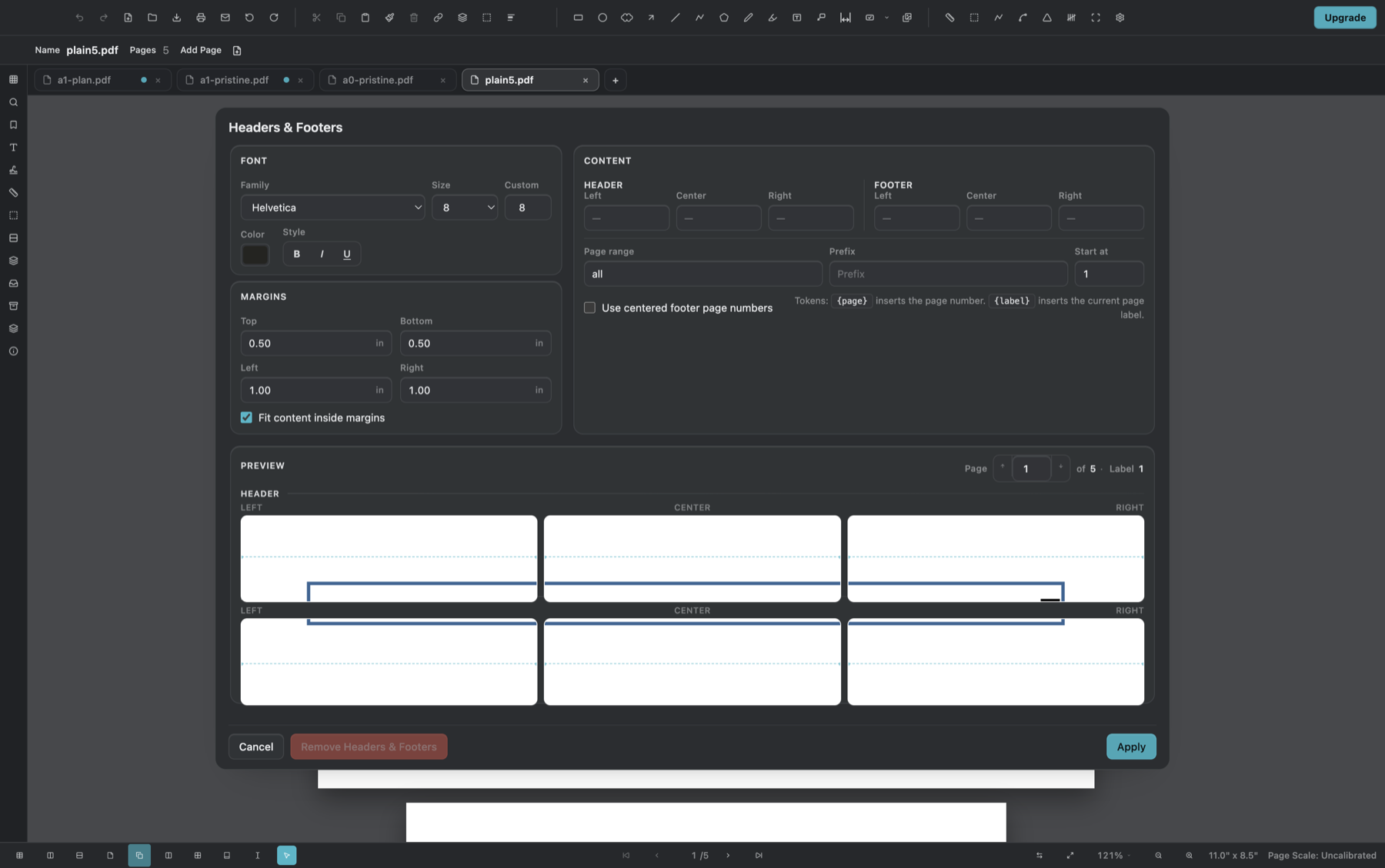 PolyPDF Headers and Footers dialog with six content positions, margins, tokens, and page preview