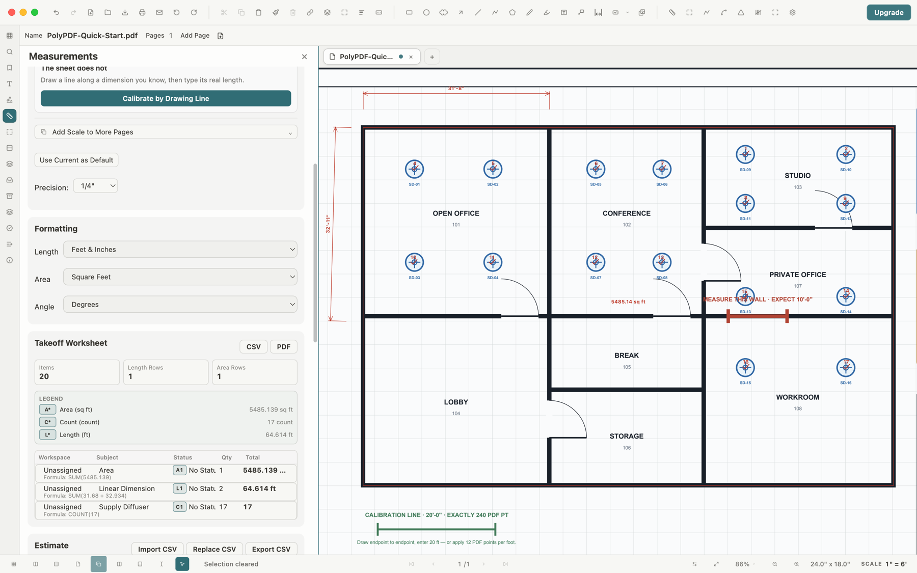PolyPDF takeoff on the Q-101 office plan with area, dimensions, diffuser counts, and worksheet totals
