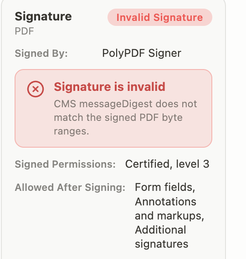 PolyPDF Signatures panel showing an invalid signature because the CMS message digest does not match the signed PDF byte ranges