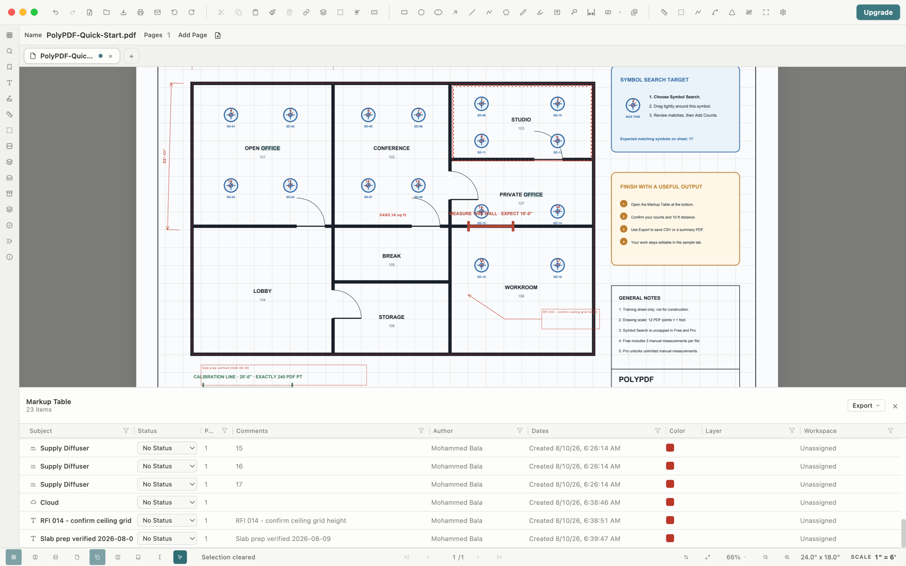 PolyPDF floor-plan review with revision clouds, an RFI callout, and the Markup Table open