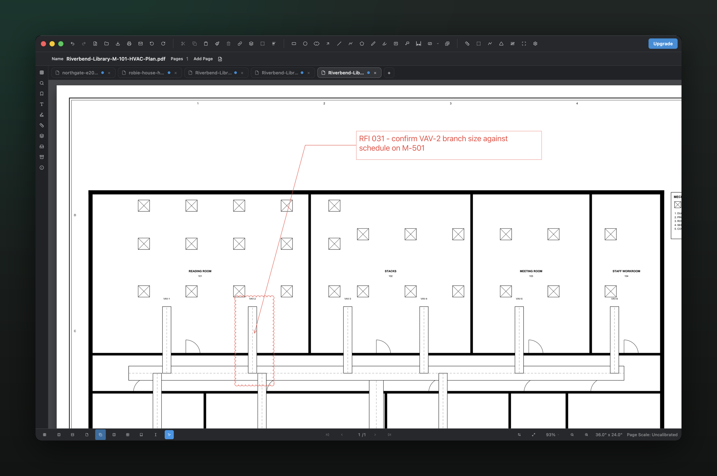 PolyPDF drawing review on a plan sheet: a revision cloud, leader callout, and stamps with every annotation tracked in the Markups list