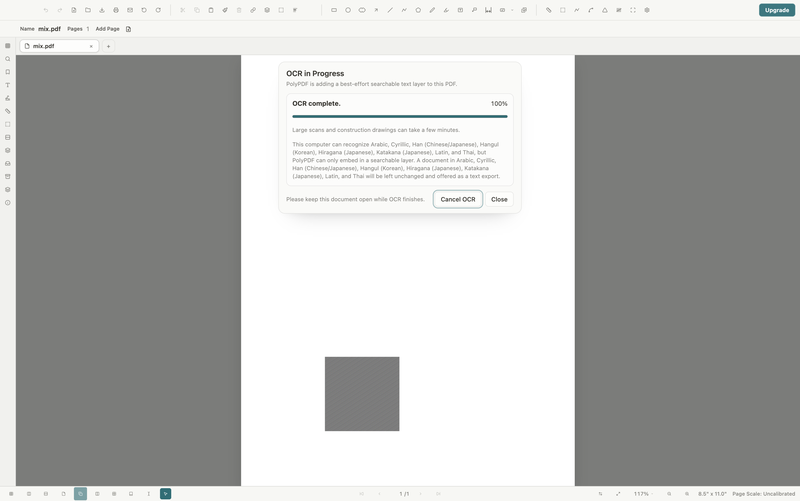 PolyPDF OCR dialog at 100 percent with a best-effort searchable text layer notice