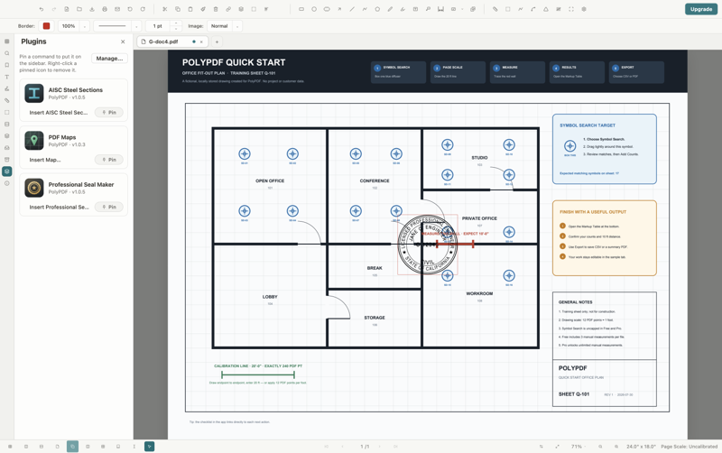 PolyPDF drawing with a generated professional seal artwork selected and the Plugins panel open