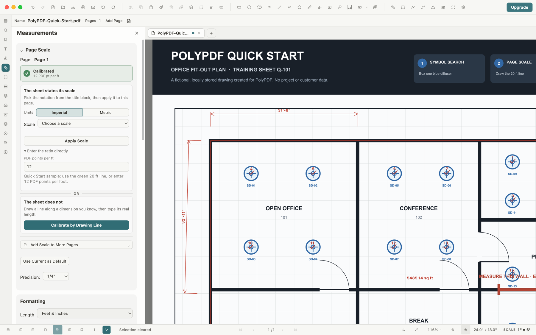 PolyPDF displaying the Q-101 plan with the Page Scale controls and calibrated measurements