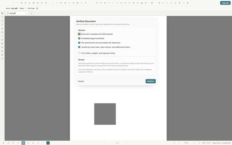 PolyPDF Sanitize Document dialog showing selectable cleanup categories before processing