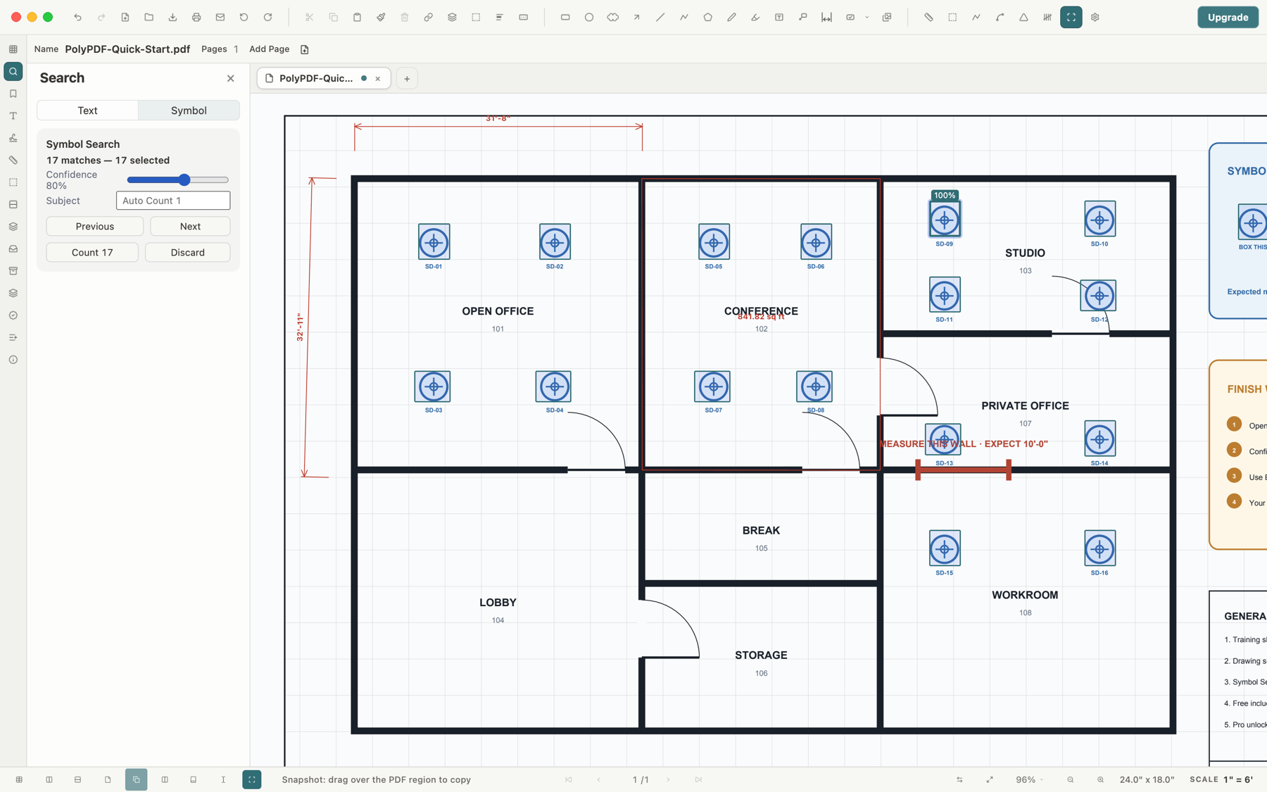 PolyPDF Symbol Search panel reviewing 17 selected diffuser-symbol matches on a floor plan