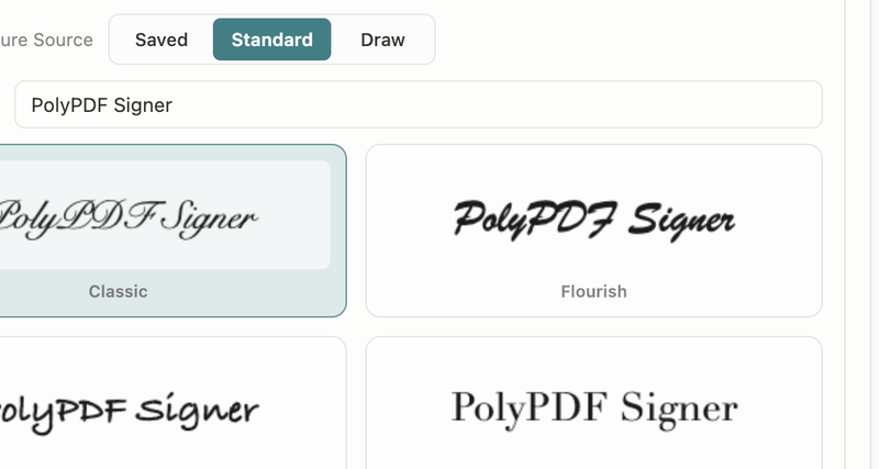 PolyPDF visual signature style chooser with Saved, Standard, and Draw sources