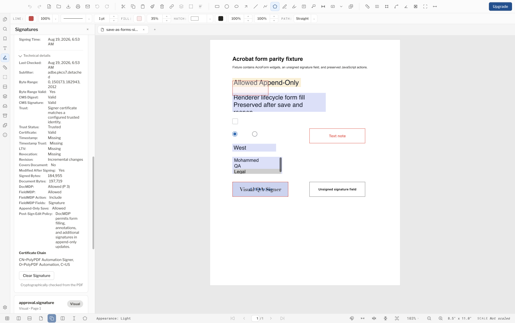 تم توسيع لوحة PolyPDF Signatures مع التفاصيل الفنية للشهادة