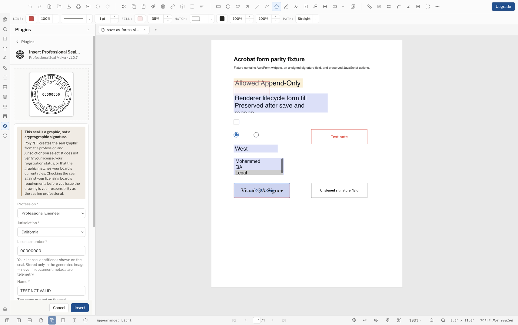 يعرض PolyPDF Professional Seal Maker ختمًا مدنيًا لولاية كاليفورنيا تم إنشاؤه من بيانات العنصر النائب إلى جانب التحذير الخاص بالعمل الفني فقط