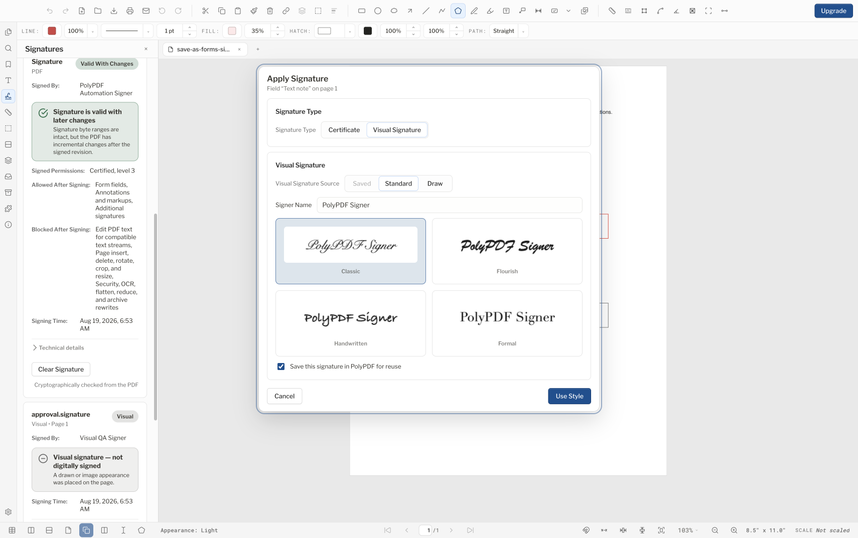 PolyPDF تطبيق مربع حوار التوقيع الذي يعرض الأنماط المرئية القياسية والكلاسيكية والمزدهرة والمكتوبة بخط اليد والرسمية
