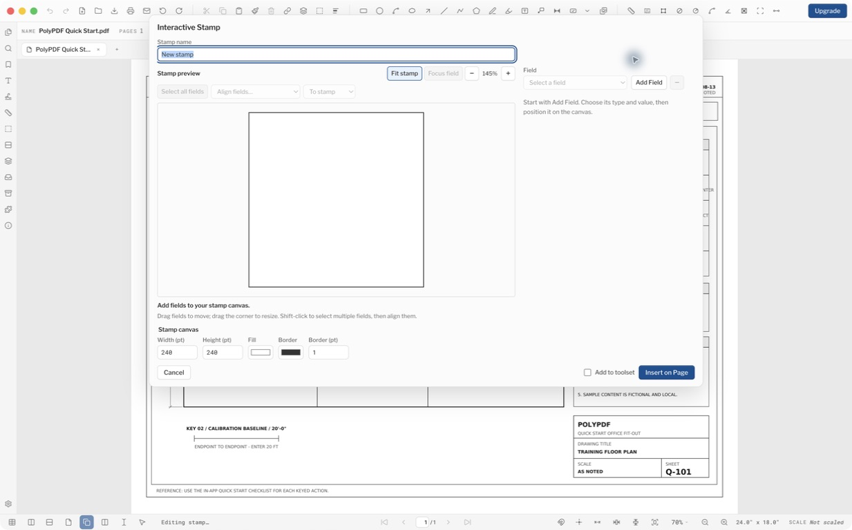 PolyPDF 1.5.1 new interactive stamp with a blank square canvas, no fields, and Add to toolset unchecked