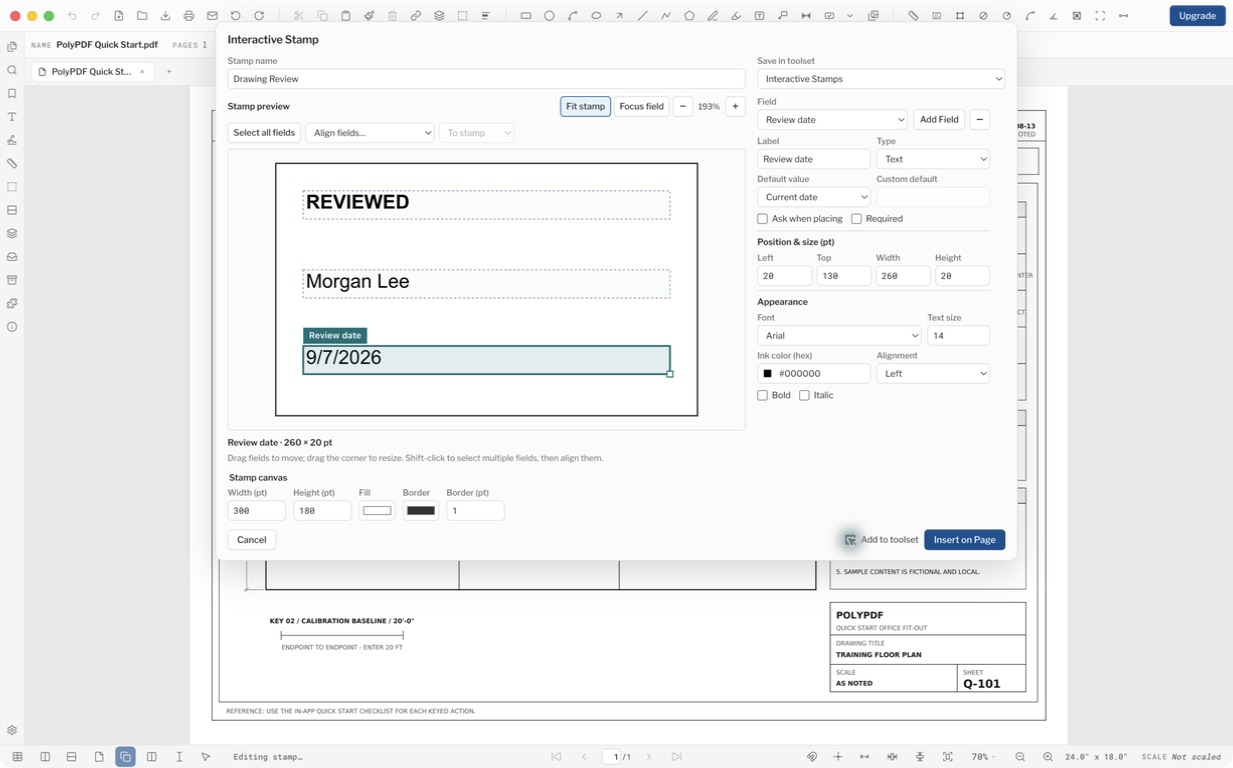 PolyPDF 1.5.1 stamp canvas with REVIEWED heading, reviewer, date, and optional toolset saving