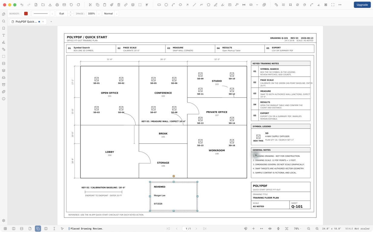 PolyPDF 1.5.1 showing the completed review stamp selected below the sample floor plan with stamp style controls visible