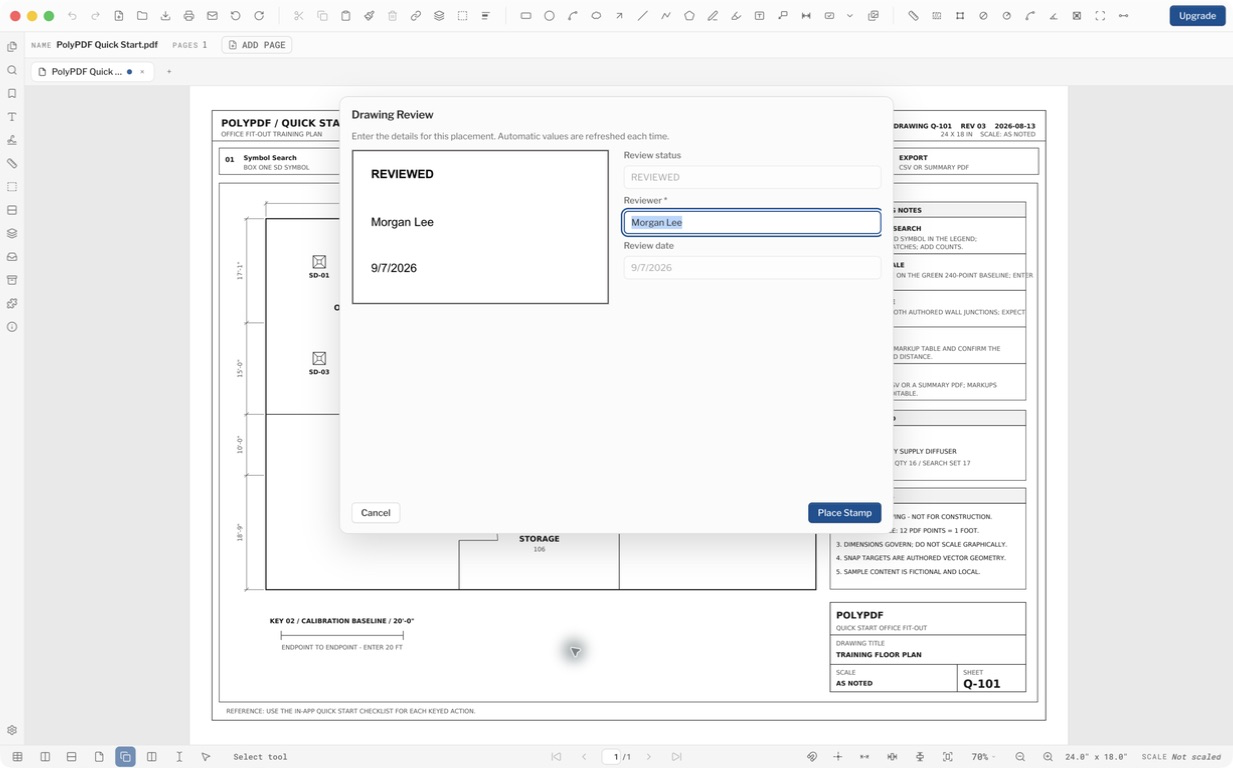 PolyPDF Drawing Review placement dialog with required Reviewer entry, fixed REVIEWED heading, and automatic review date