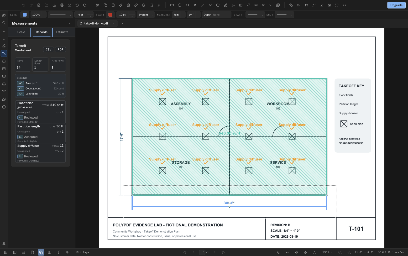 Mesure de la quantité de construction en mode sombre PolyPDF avec une superficie de 540 pieds carrés, une longueur de 30 pieds, 12 marqueurs de comptage, un panneau d'enregistrement et un tableau d'annotation