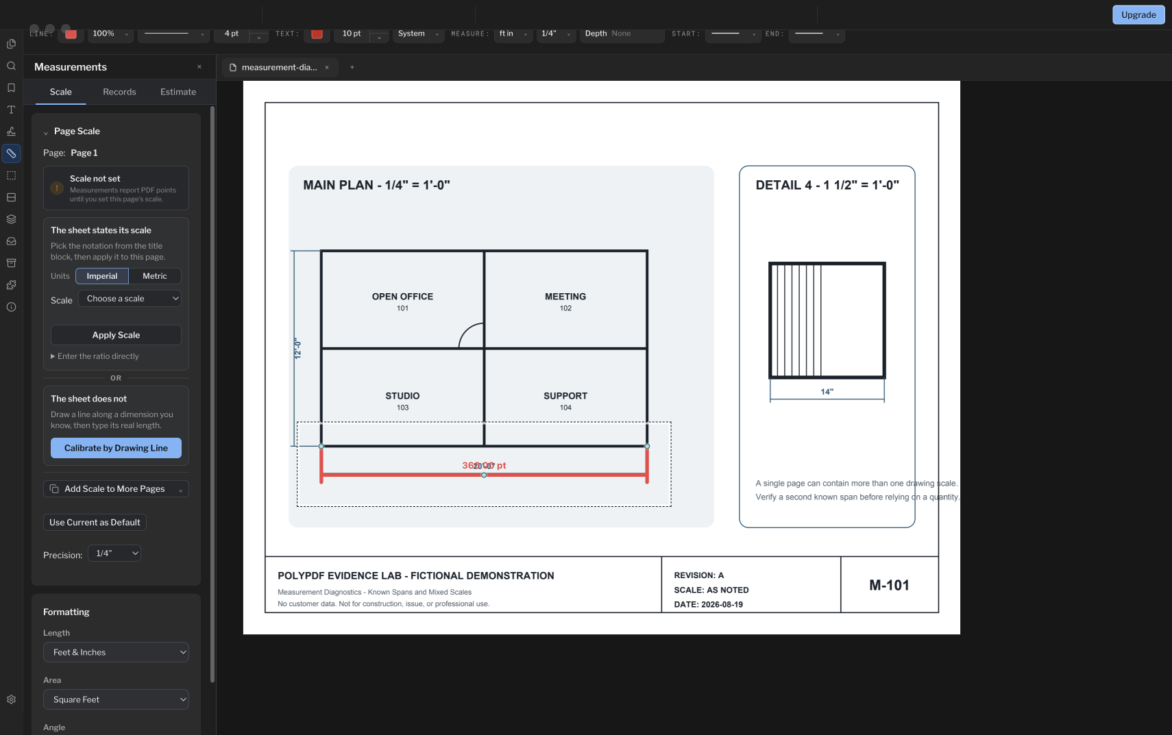 Mode sombre PolyPDF affichant l'échelle non définie et une ligne de 360,00 points PDF sur une référence imprimée de 20 pieds